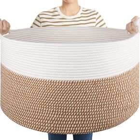 سلة تخزين بطانية كبيرة لغرفة المعيشة ، 22.8 "× 22.8" × 13 "سلة حبل قطنية منسوجة مع مقابض ، تخزين ألعاب الطفل ، عائق الغسيل للملابس ، الوسائد ، المناشف الصفراء والأبيض