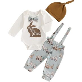 Aopwsrlyi Newborn Baby Boy Easter Outfit My First Easter Bunny Romper Truck Suspender Pants Hat 3 Pcs Set