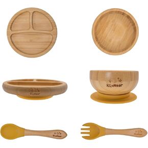 Bamboo Toddler Plate & Bowl Set with Strong Suction – Includes One Plate, One Bowl, Spoon & Fork – Baby Plates with Suction for Baby Led Weaning, Kids Feeding Essentials, Non-Toxic & BPA Free