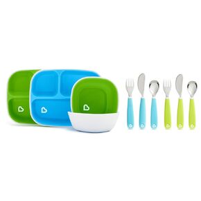 Munchkin Splash Toddler Dining Set - Includes Divided Plates, Bowls and Utensils, 10pc Set, Blue/Green