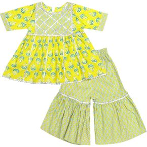 Baby Girls Cotton Sanganeri مطبوع على غرار الفستان Kurti مع فستان Sharara المطبوع