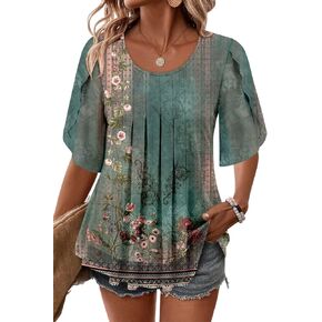 onlypuff Womens Double Layered Tunic Tops Half Sleeve Floral Double Layered Sheer Flowy Blouse Round/V Neck Casual Shirts
