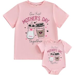 Mother's Day Milk Bottle Cup Print Mom and Newborn Baby Matching Outfits Cute Mother's Day Shirts and Bodysuit
