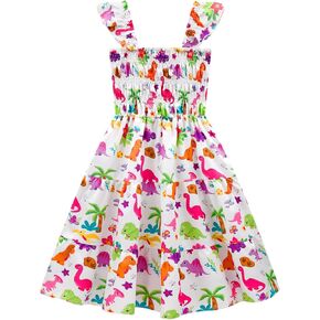 Little Girls Dresses Casual Summer Dress Ruffle Sleeve Floral Tiered Sundress Smocked Shirred Party Dress 3-10 Years