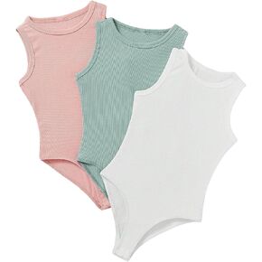 SHENHE Girl's 3 Pack Crew Neck Sleeveless Ribbed Knit Casual Tank Top Bodysuit Leotard