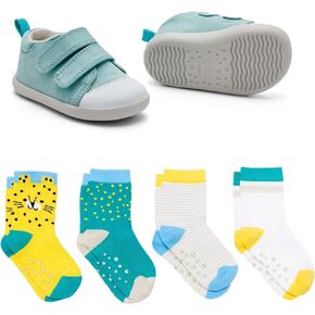 Ten Little First Walker Kids’ Shoes & Crew Socks Bundle for Baby & Toddler Boys & Girls, Ocean Blue Shoe Size 6, Crew Socks with Non-Skid Grips 4 Pk