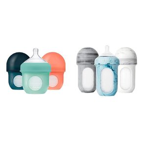 Boon Nursh Reusable Silicone Baby Bottles with Collapsible Pouch - Stage 1 Slow & Stage 2 Medium Flow - Mint & Tie Dye - 3 Count Each