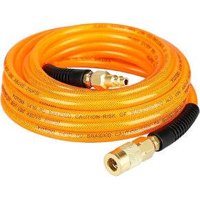YOTOO Reinforced Polyurethane Air Hose 1/4" Inner Diameter by 100' Long, Flexible, Heavy Duty Air Compressor Hose with Bend Restrictor, 1/4" Swivel Industrial Quick Coupler and Plug, Orange