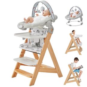 Wooden High Chair with Baby Bouncer - Convertible Baby Highchair with Tray - Adjustable High Chair for Babies/Toddlers/6 Months - Water Resistant Natural Wood Yellow