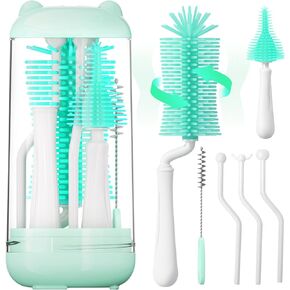 Bottle Brush Set with Drying Rack,Travel Bottle Cleaner Kit with Baby Bottle Brush,Straw Cleaner Brush,Nipple Brush-Baby Travel Essentials for Flying (Green, Cylindrical)