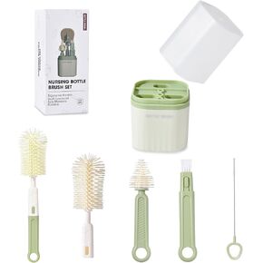 Baby Bottle Brush Set - Baby 6 in 1 Bottle Cleaner Kit with Silicone Brush, Nipple Brush, Straw Brush, Bottle Mouth Brush, Drying Rack, Storage Box for Home and Travel, Bovella