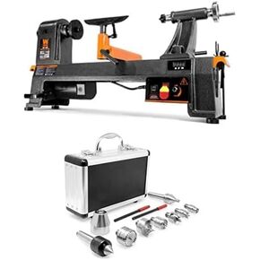 WEN 6-Amp 14-Inch by 20-Inch Variable Speed Benchtop Wood Lathe and 9-Piece MT2 Wood Lathe Drive and Live Center Kit with Aluminum Case (34035, LA0009)