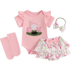 Baby Girl Summer Outfit Short Sleeve Golf Embroidery Romper Bloomers Tutu Skirt Socks Headband 4Pcs Outfits