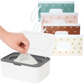Wipes Dispenser with 4 Pack Portable Baby Wipe Case, Wipe Holder for Baby & Adult, Seposeve Refillable Wipe Container, Keeps Wipes Fresh, Easy Open/Close Wipes Pouch Case, Grey + 4 Multicolor