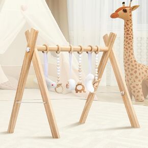 Wooden Baby Play Gym Foldable Baby Paly Frame Activity Gym with 6 Hanging Sensory Toys for Babies 0-6 Months, Infant Play Gym Easy to Assemble & Clean, Newborn Present for Boys & Girls