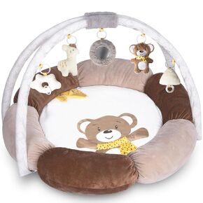 6-in-1 Baby Gym Play Mat Plush, Neutral Brown Tummy Time Mat with Removable Toys, Baby Activity Gym for Infant to Toddler Motor Skills and Sensory Development, Baby Essential Gift（Bear）