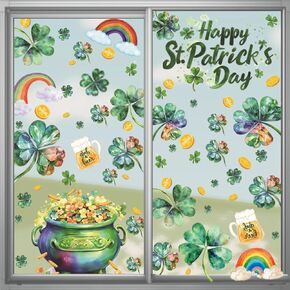 St Patrick's Day Window Clings Shamrock Rainbow Glass Wall Decorations Double-Sided Holiday Window Decals