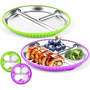 Stainless Steel Kids Plates with Suction, 2Pack 9" Divided Toddler Plates Removable Non Slip Silicone Sleeves Baby Feeding Led Weaning Supplies, BPA Free, Unbreakable Dishwasher Safe