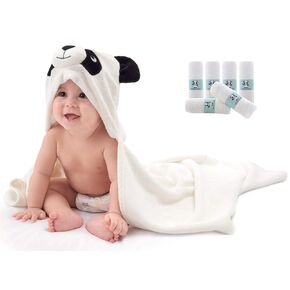 HIPHOP PANDA Hooded Baby Bath Towel and Washcloths Set, 1 Bath Towel and 6 Pieces Washcloths