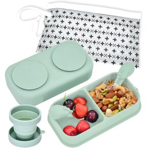 6PCS Travel Suction Plate for Baby,Portable Silicone Suction Plate to Go,Baby Divided Plates Feeding Set with Travel Bag,Cup for Toddler Baby Plate Divided Bowls Travel Essential Gray