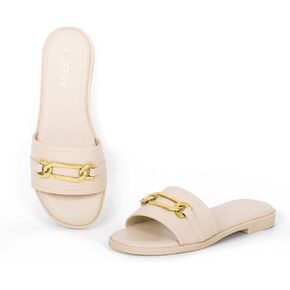 Womens Flat Sandals Round Open Toe Slip On Leather Slides for Summer in Saudi Arabia