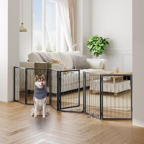 Dog Gate Indoor, 6 Panels Freestanding Pet Gate with Door Walk Through, 94.4 Inch Folding Dog Fences for Stairs, Doorway, Pet Puppy Safety Fence with Support Feet, Black DGHB26901