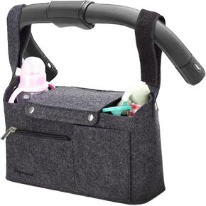 PACMAXI Felt Stroller Organizer Bag with Cup Holder - Large Capacity, Versatile Pockets, Universal and Durable Stroller Caddy Storage for Baby Diapers, Bottles Essentials (Black) in Kuwait