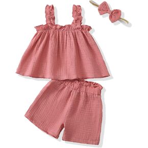 XUANHAO Toddler Baby Girl Clothes Summer Outfits Sleeveless Ruffled Linen Shirts Tank Tops Shorts Kids Girls Clothing Sets