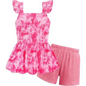 Arshiner Toddler Girl Clothes 2 Piece Summer Outfit Ruffle Sleeveless Top and Shorts Set with Pockets 2-7Y