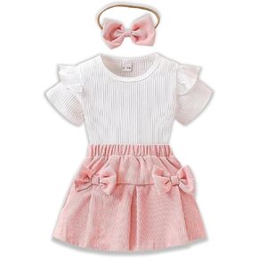 Baby Girl Summer Clothes Solid Ruffle Sleeve Top＋Bow Mini Skirt＋Bow Headband 3PCS Outfits Set