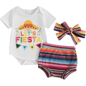 Karuedoo Newborn Baby Girl Mexican Fiesta Outfit Letters Short Sleeve Romper Shorts Headband Sets Cinco De Mayo Party Clothes