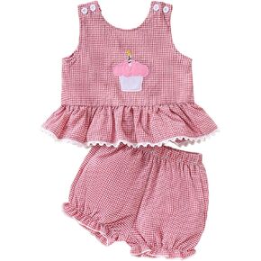 Kayotuas Baby Girl Birthday Outfit Gingham Embroidery Cupcake Tank Top and Bubble Shorts Infant Plaid Outfits Summer Clothes