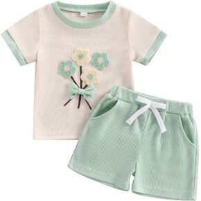 Kids Toddler Baby Girl Summer Clothes Short Sleeve Floral Shirts with Shorts Set 2Pcs Waffle Knit Outfit