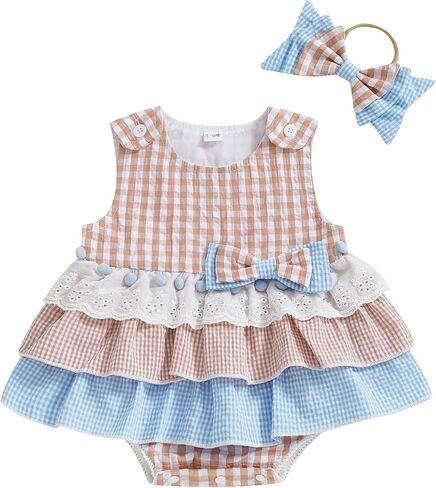 Newborn Infant Baby Girl Clothes Sleeveless Plaid Romper Dress Bow Layer Tutu Dresses Bow Headband Summer Bodysuit in Kuwait