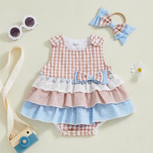 Newborn Infant Baby Girl Clothes Sleeveless Plaid Romper Dress Bow Layer Tutu Dresses Bow Headband Summer Bodysuit in Kuwait