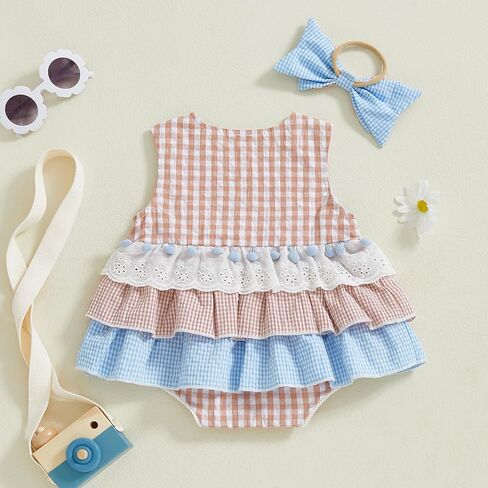 Newborn Infant Baby Girl Clothes Sleeveless Plaid Romper Dress Bow Layer Tutu Dresses Bow Headband Summer Bodysuit in Kuwait