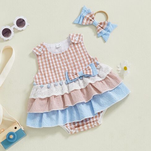 Newborn Infant Baby Girl Clothes Sleeveless Plaid Romper Dress Bow Layer Tutu Dresses Bow Headband Summer Bodysuit in Kuwait