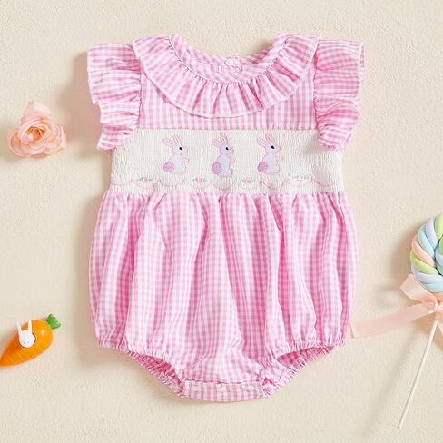 Baby Girl Easter Romper Infant Ruffle Bunny Embroidery Smocked Bubble Romper Bodysuit Newborn Toddler Summer Clothes in Saudi Arabia