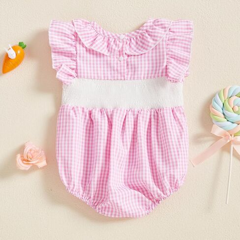 Baby Girl Easter Romper Infant Ruffle Bunny Embroidery Smocked Bubble Romper Bodysuit Newborn Toddler Summer Clothes in Saudi Arabia