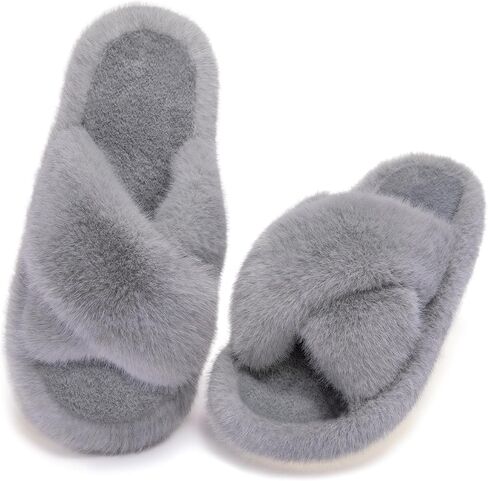 Women's Fuzzy Slippers House Slippers Memory Foam Bedroom Shoes Open Toe, Cross Band in Saudi Arabia