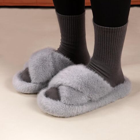 Women's Fuzzy Slippers House Slippers Memory Foam Bedroom Shoes Open Toe, Cross Band in Saudi Arabia