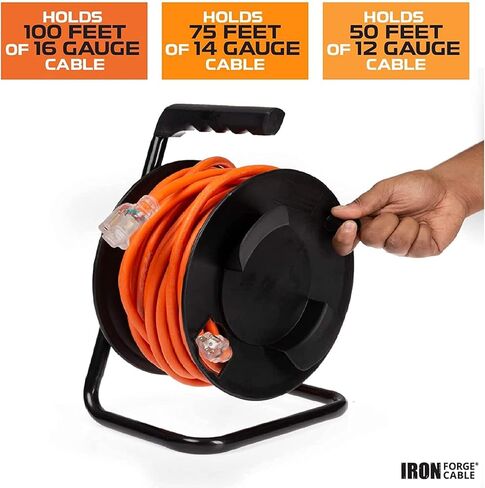 IRON FORGE CABLE 75 Ft Extension Cord Reel with 4 Electrical Power Outlets & Breaker Switch - 16/3 SJTW Heavy Duty Orange Cable with 3 Prong Grounded Plug, Portable Cord Reel in Kuwait