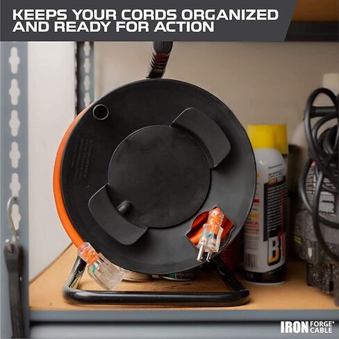 IRON FORGE CABLE 75 Ft Extension Cord Reel with 4 Electrical Power Outlets & Breaker Switch - 16/3 SJTW Heavy Duty Orange Cable with 3 Prong Grounded Plug, Portable Cord Reel in Kuwait