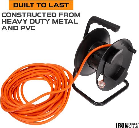 IRON FORGE CABLE 75 Ft Extension Cord Reel with 4 Electrical Power Outlets & Breaker Switch - 16/3 SJTW Heavy Duty Orange Cable with 3 Prong Grounded Plug, Portable Cord Reel in Kuwait