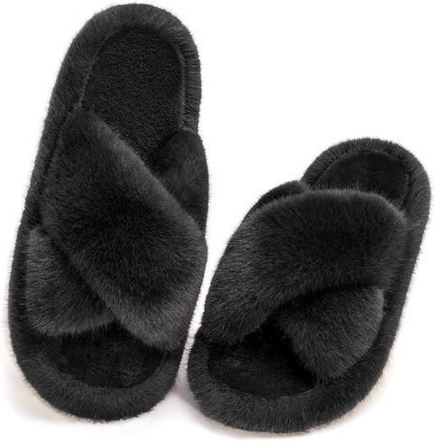 Women's Fuzzy Slippers Open Toe House Slippers Memery Foam Bedroom Slippers Cross Band Slippers for Indoor and Outdoor in Kuwait