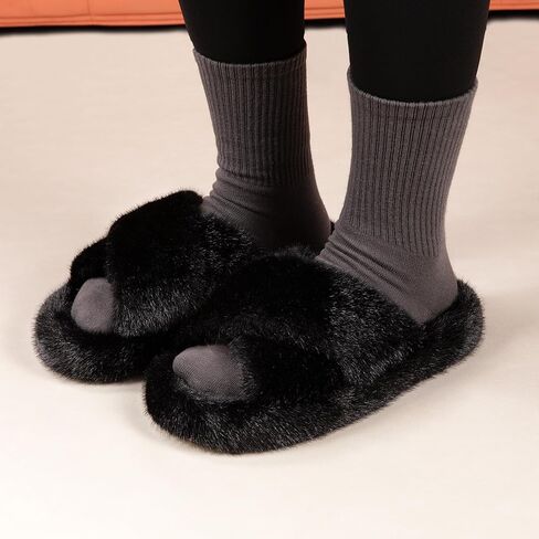 Women's Fuzzy Slippers Open Toe House Slippers Memery Foam Bedroom Slippers Cross Band Slippers for Indoor and Outdoor in Kuwait