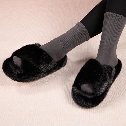 Women's Fuzzy Slippers Open Toe House Slippers Memery Foam Bedroom Slippers Cross Band Slippers for Indoor and Outdoor in Kuwait