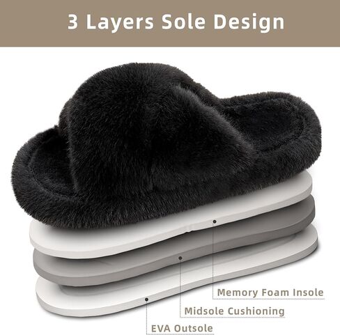 Women's Fuzzy Slippers Open Toe House Slippers Memery Foam Bedroom Slippers Cross Band Slippers for Indoor and Outdoor in Kuwait