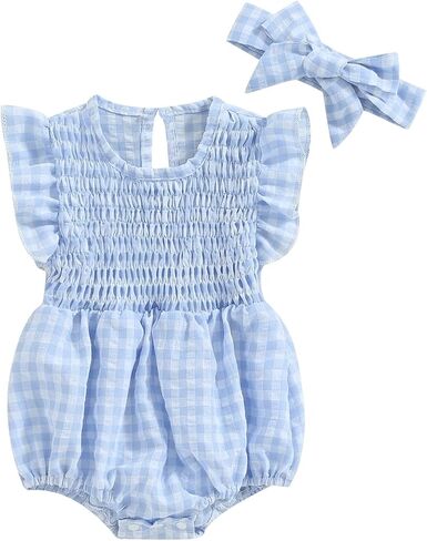Infant Newborn Baby Girl Summer Outfit One Piece Smocked Romper Ruffle Sleeve Plaid Playsuit Headband 3 6 9 12 18M in Saudi Arabia