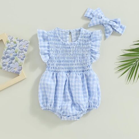 Infant Newborn Baby Girl Summer Outfit One Piece Smocked Romper Ruffle Sleeve Plaid Playsuit Headband 3 6 9 12 18M in Saudi Arabia